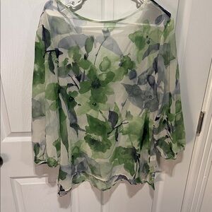 New York & Company Green Floral Sheer Blouse